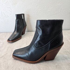 Vince Camuto Western Ankle Booties Leather Black Block Heel Square Toe Boot Sz 7